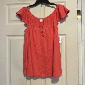 Old Navy Coral Short Sleeve Top Size Medium Flutter Sleeves buttoned scoop neck
